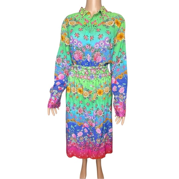 Johnny Was Rainbow Field Paper Bag skirt/Long Sleeve Fitted Shirt Set L NWT